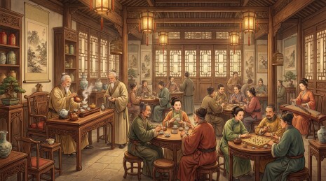 古代茶馆内人们品茶下棋交谈