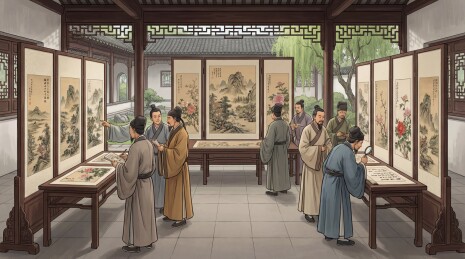 古代文人雅集赏画场景