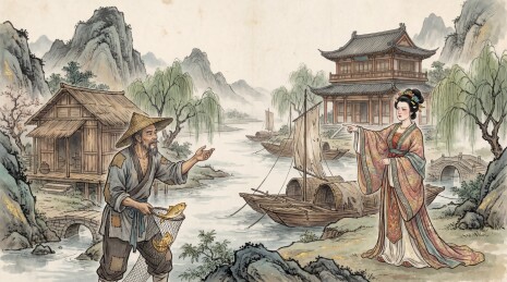 古代渔夫与贵妇河畔相遇