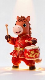 红色中式服装敲鼓卡通小马