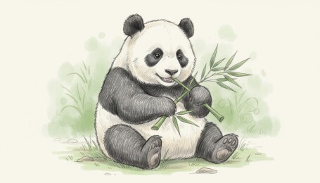 熊猫坐着吃竹子的插画
