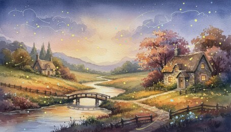 梦幻乡村黄昏小屋与溪流