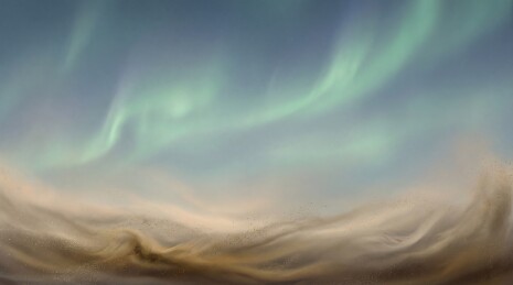 极光下的沙尘风暴景象