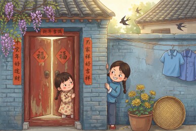 两个女孩在传统院落门口玩耍