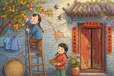 孩童摘果庭院丰收喜悦