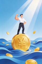 站在日元硬币上的成功商人