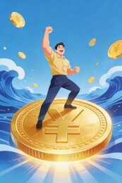 男子站在日元硬币上庆祝成功