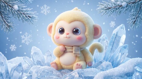 雪中可爱小猴戴围巾坐冰晶间