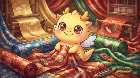 卡通小龙坐于华丽织锦之中