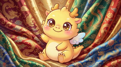 卡通小龙坐于华丽织锦背景中