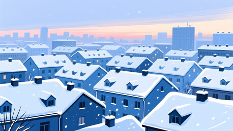 冬季傍晚大雪覆盖了层层叠叠的屋顶