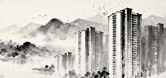 水墨风格城市建筑与自然景观