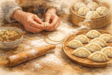 手工包饺子年味