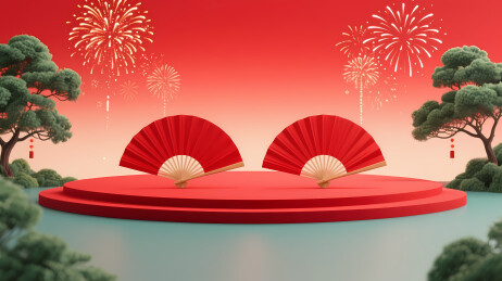 喜庆红扇烟花场景
