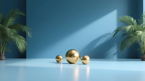 蓝墙金球棕榈装饰