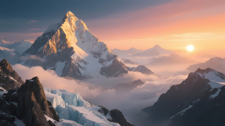 夕阳映照雪山美景