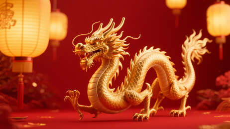 金色龙雕红背景配灯笼