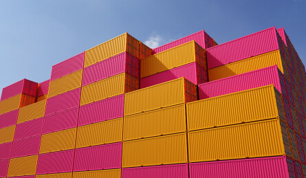 三维渲染的港口堆场上码放整齐的集装箱