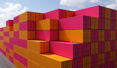 三维渲染的港口堆场上码放整齐的集装箱