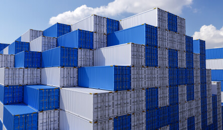 三维渲染的港口堆场上码放整齐的集装箱