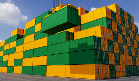 三维渲染的港口堆场上码放整齐的集装箱