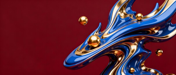 蓝金流动雕塑与悬浮金球艺术