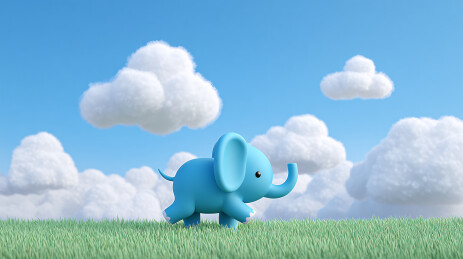 蓝天白云下蓝色大象漫步草原