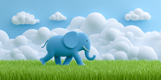 蓝天白云下蓝色大象漫步草原