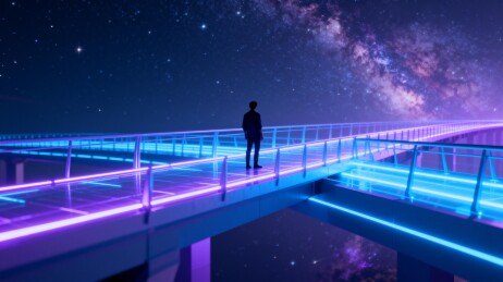 夜空下霓虹桥上的孤独身影