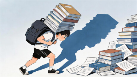 学生背负沉重书本前行