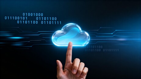 手指触碰蓝色云朵数字图像