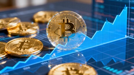 比特币实物与上涨图表展示