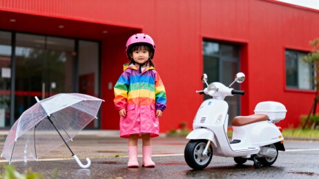 小女孩雨中与电动车合影
