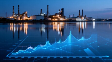 工业厂区夜景与数据图表叠加