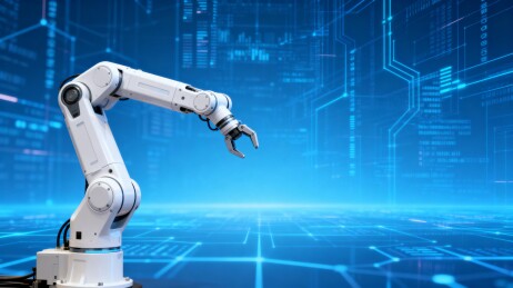 白色机械臂在蓝色科技背景中