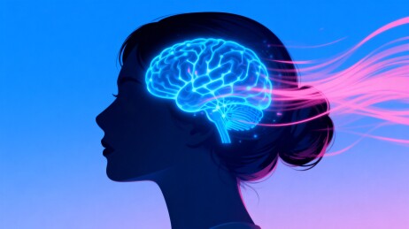 女性侧脸与发光大脑的科技艺术图