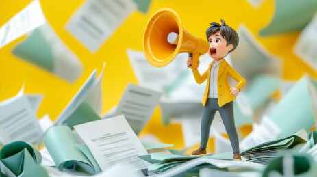 3D卡通男孩手持扩音器在飞舞文件中呐喊