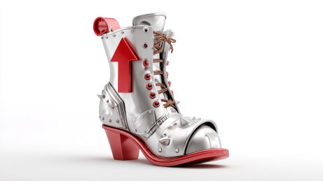 白色背景下的银红色创意箭头高跟靴子