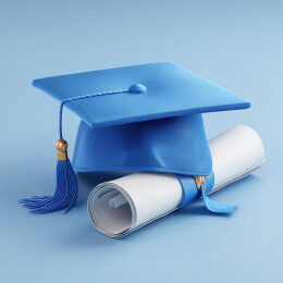蓝色学士帽与毕业证书