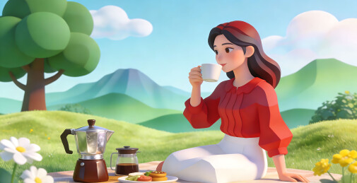 女子户外饮茶赏景
