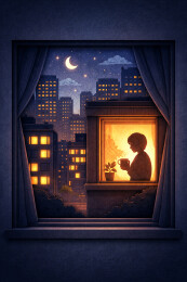 城市夜景窗边独处