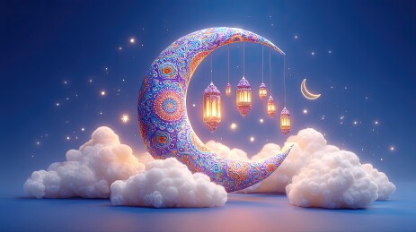 夜空云间悬挂的彩绘新月与灯笼
