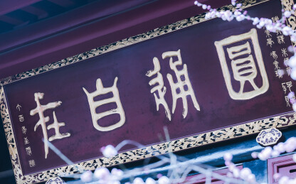 青羊宫木匾书法配春梅