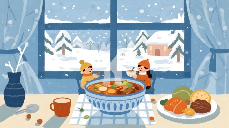 窗边雪景下两人共进热汤
