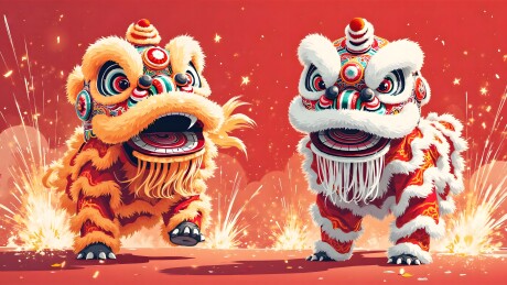 双狮舞动烟花绽放喜庆场景