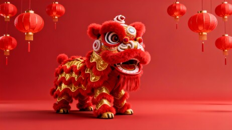 红色背景下的舞狮与灯笼