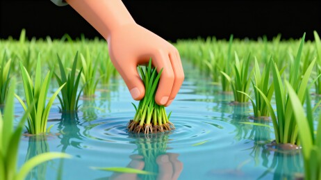 手握稻苗水中种植场景