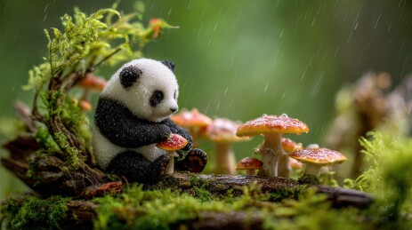 熊猫幼崽在雨中吃蘑菇
