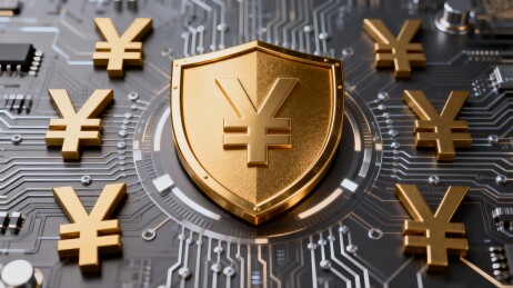 金色日元符号与电路板上的盾牌