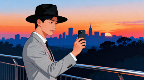 戴帽男子在城市天际线前用手机自拍